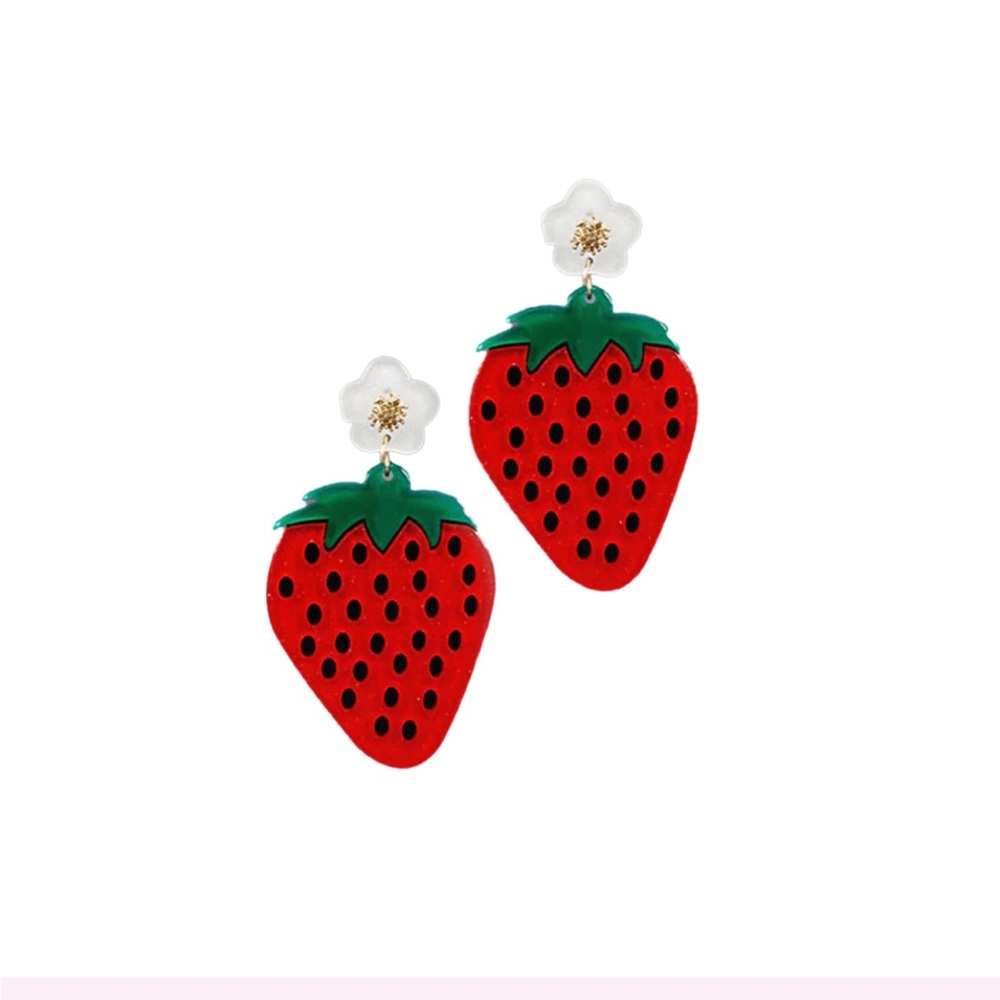 Golden Gems Strawberry Earrings Acrylic Fruit Chunky Statement Bold Jewelry Fun